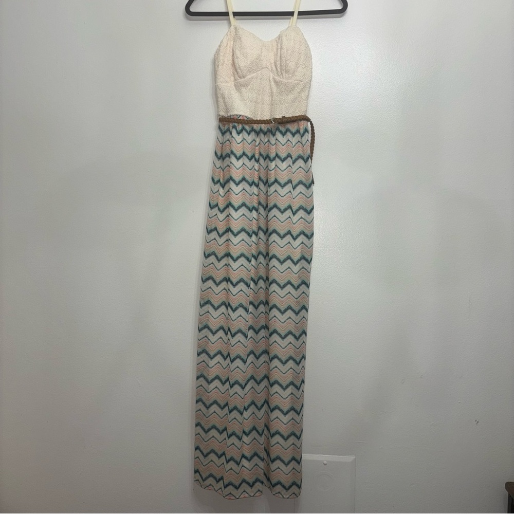 Chic Cream and Teal Chevron Maxi Dress
